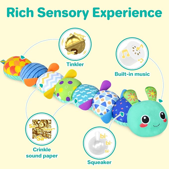 KMUYSL Baby Sensory Caterpillar Toys for 0-6 6-12 Months, Soft Plush Activity Toy with Crinkle, Rattle & Gentle Music, Tummy Time Toy for Infant Newborn, Early Development Toy Shower Gifts for Baby