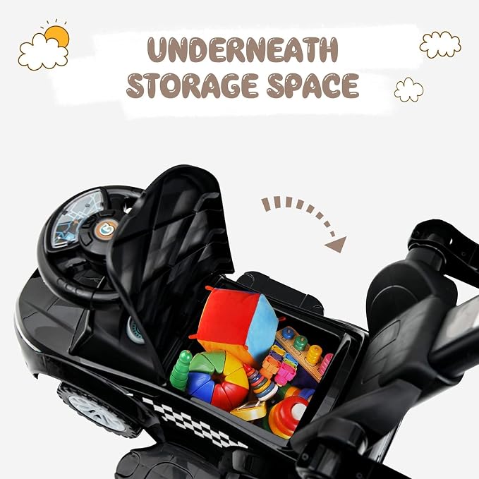 OLAKIDS 4 in 1 Ride on Push Car, Toddlers Stroller Sliding Walking with Horn, Music, Lights, Removable Guardrails and Handle, Underneath Storage, Foot-to-Floor Walker for Boys Girls (Dark)
