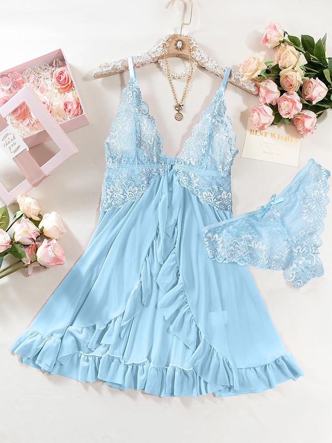 Foxiny Sexy Open Front V Neck Ruffle Sheer Mesh Lace Wireless Babydoll Lingerie Dress with Thong 2 Piece