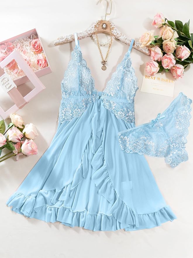 Foxiny Sexy Open Front V Neck Ruffle Sheer Mesh Lace Wireless Babydoll Lingerie Dress with Thong 2 Piece