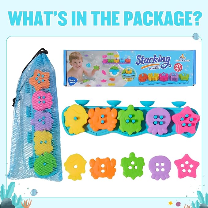 Bath Toys for Kids Ages 1-3, 21PCS | Fun & Mold Free Bath Toys for Toddler 2-4 | Educational Color Shape Sorter & Stacking with 20 Floating Pieces | Toddler Bathtub Toys with Mesh Bag for Girls Gift