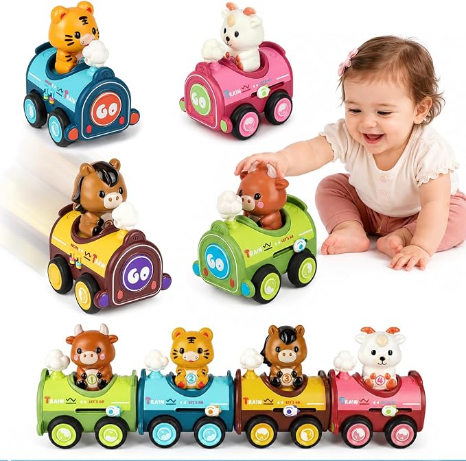 Magnetic Connect & Press to Go Car Toys, 4 Pack Animal Racing Cars with Detachable Finger Puppets, Fine Motor Push Down Vehicle Set for Toddlers 1-3, Birthday Gift for 12-18 Months Baby