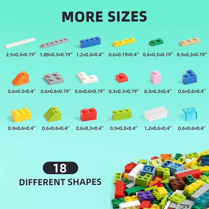 1500 Pieces Building Bricks, Classic Building Bulks with 30PCS Small Flat Plates and 46PCS Wheel Parts and Pieces - Compatible with Lego and Other Brands, 16 Color/18 Size