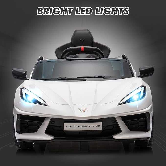 Garvee 12V Kids Ride on Car Licensed Corvette Toddlers Electric Sports Car Ride on Toy with Remote Control, Visual Dashboard, LED Lights, Music for Boys & Girls, White
