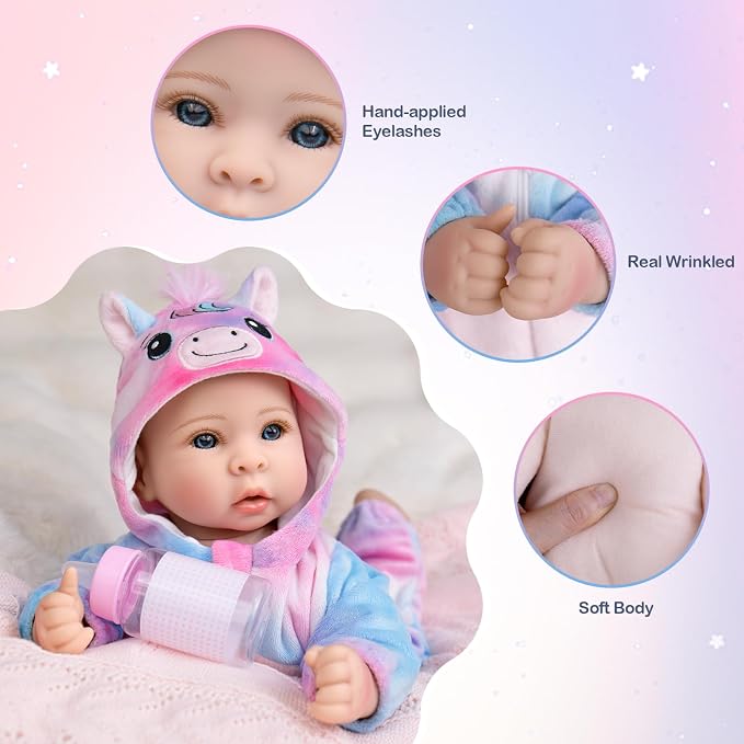 Aori 17 Inch Lifelike Baby Dolls Realistic Baby Girl Doll with Soft Lightweight Body, Colorful Pony Outfit & Feeding Accessories, for Girls Age 3+