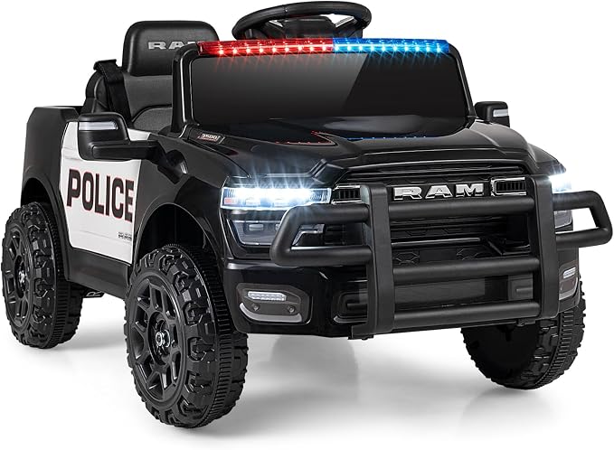 Costzon Police Car Ride On, 12V Licensed RAM Kids Electric Vehicle w/Remote Control, LED Lights, Music, Horn & Wireless Connection, Soft Start, Kids Car Toyt for Boys Girls (1-Seater,Police Dark)