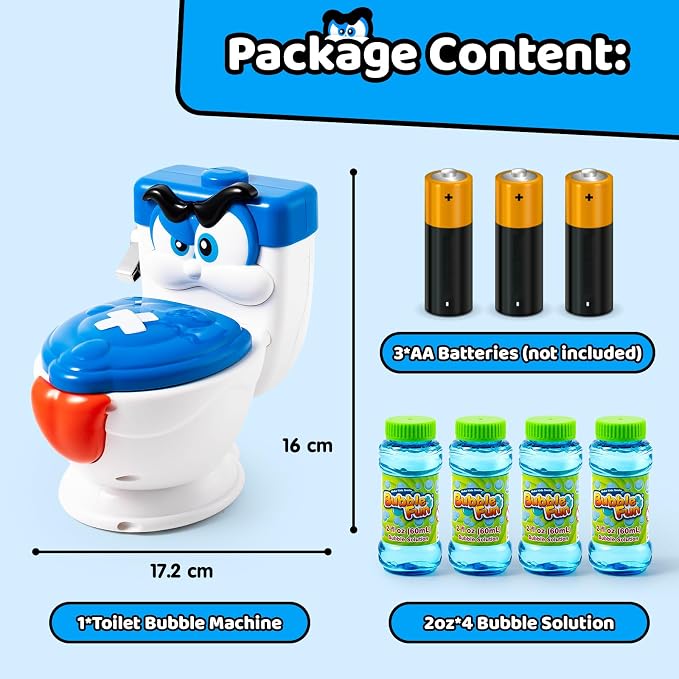 Funny Toilet Bubble Machine with Flushing and Gurgling Sounds, Automatic Bubble Blower, Bubble Maker for Kids Toddlers, Leak-Resistant Outdoor Toy with 2oz x 4 Bubble Solution for Birthday Gift Party