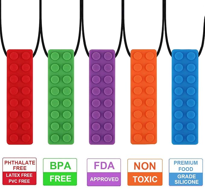 Chew Necklace, Sensory Chew Necklace Bundle for Kids with Chewing, ADHD, Autism, Biting Needs, Oral Motor Chewy, Silicone Necklace Made from Food Grade Silicone Safety, for Boys&Girls(5 PCS)