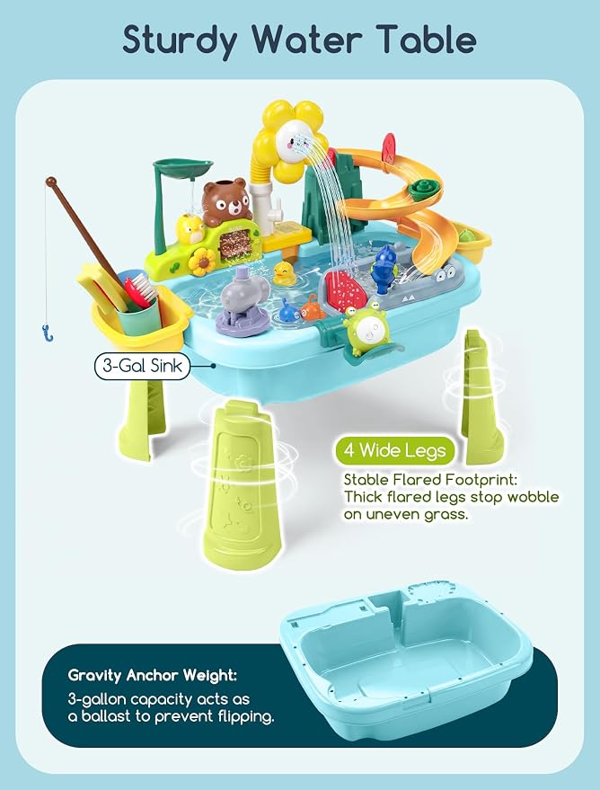OKPOW Sturdy Water Table for Toddlers 1-2: No Tipping on Uneven Backyard | 4 Wide Legs & 3-Gal Sink Reduce Wobble by 80% - Keep Toddlers Safely Engaged in Splash Play, Tool-Free Assembly