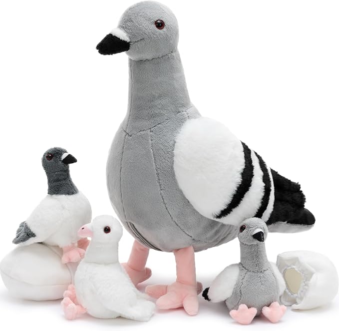 Tezituor 6-Piece Pigeon Stuffed Animal Set,Realistic Pigeon Plush Toy with 3 Baby Birds and Eggs,Soft Cuddly Dove Bird Plushie for Kids Girls Boys,Easter Valentine’s Day Christmas Birthday Gift, Grey