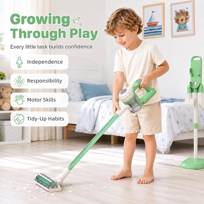 3-in-1 Kids Vacuum that Really Works - Toddler Vacuum Cleaner with Real Suction, Pretend Play Housekeeping & Cleaning Toy Set for Kids Ages 3+ (Green)
