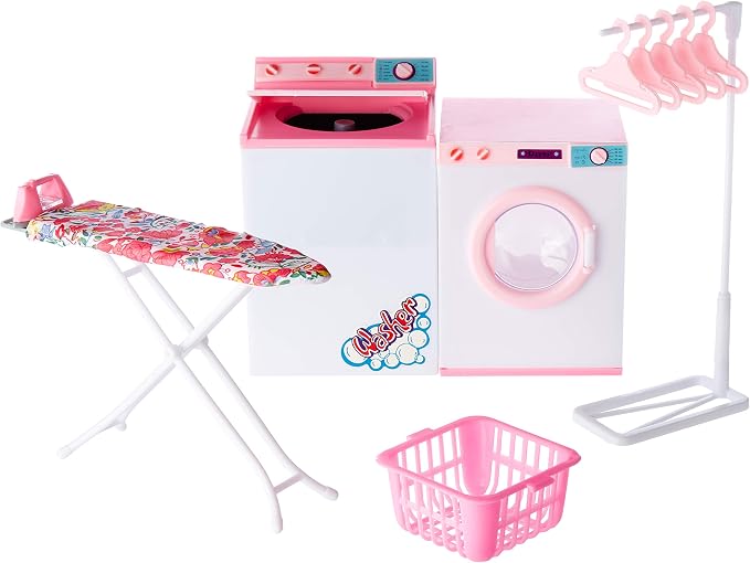 My Fancy Life Dollhouse Laundry Room Set, Pink and White Playset with Washer, Dryer, Ironing Board, Laundry Basket, Kids Pretend Play Furniture