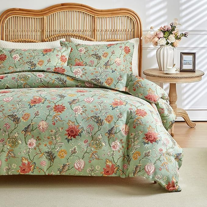 LifeTB Farmhouse Floral Comforter Full Comforter Set Botanical Flowers Vines Pattern on Green Floral Bedding Comforter Set Fluffy Soft Microfiber Aesthetic Bedding Botanical Comforter for All Seasons