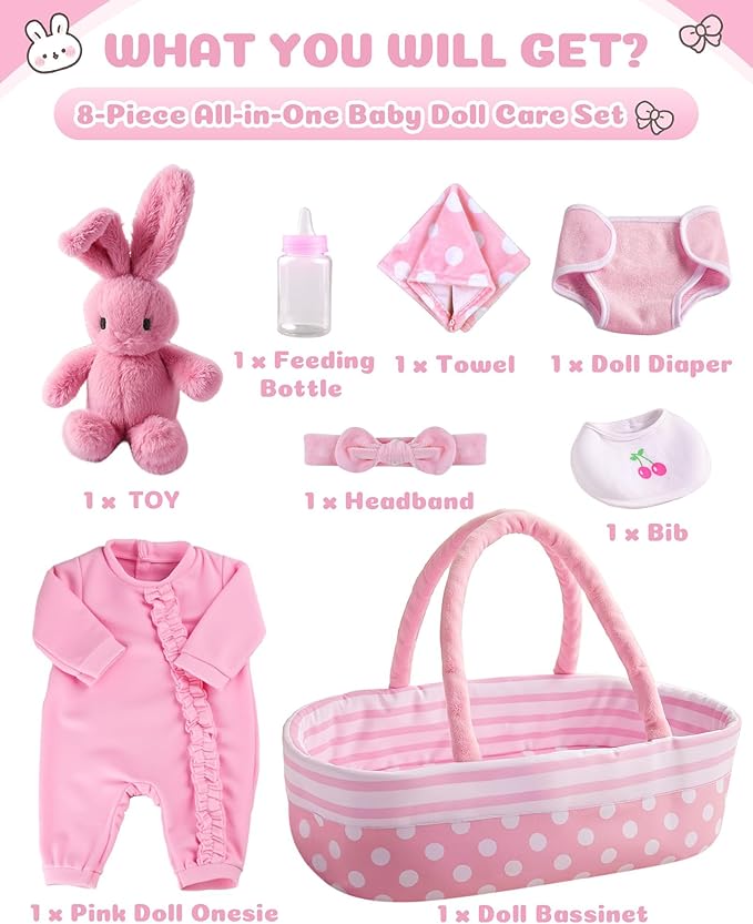 BABESIDE 8 PCS Baby Doll Accessories Set for 17-22 Inch Dolls, Doll Clothes Outfit with Bassinet, Bunny Toy, Bottle, Diaper & Bib