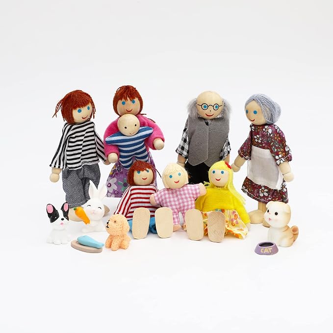 ONEST 15 Pieces Wooden Dollhouse Family Set Mini People Figures Sets Dollhouse Dolls Wooden Doll Family Pretend Play Figures Accessories for Pretend Doll House Toy