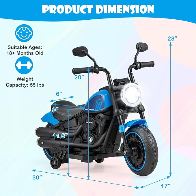 Costzon Toddler Motorcycle, 6V Battery Powered Electric Motorcycle with Detachable Training Wheels, Soft Start, Headlights & Music, Kids Motorcycle Ride on Toy for Toddlers Boys Girls 18+ Months(Blue)