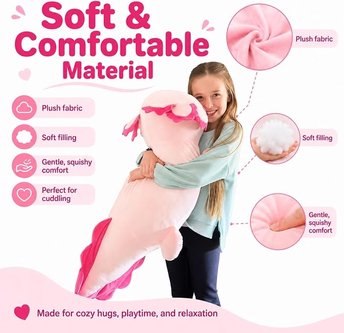 BENINY 39-Inch Giant Axolotl Plush Pillow, Hot Pink Large Stuffed Animal, Extra Soft Huggable Cuddly Toy Gift for Kids Girls Boys, Birthday Christmas Room Decor