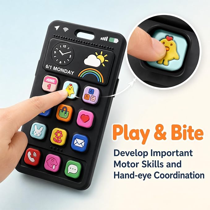 Baby Silicone Phone Teether, Realistic Mobile Phone Teething Toy for Baby 3 6 12 18 Months, Baby's Chew Toys, Food Grade Silicone Teething Toys for Infants, BPA Free, for Babies Gum Relief