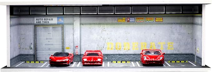 1/64 Scale Display Case Car Garage Moldel, Acrylic Cover Diecast Car Show Case with LED Light 6 Parking Spaces?Hot diecast Wheel Parking Scene (Vehicles Not Included) Warehouse