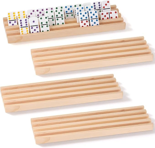 Soulchen Natural Wood Color Wooden Domino Racks Set of 4, Wood Domino Tiles Trays Holders Organizer for Mexican Train Classic Board Accessories, Dominoes Not Included (12 x 3.6 Inch)