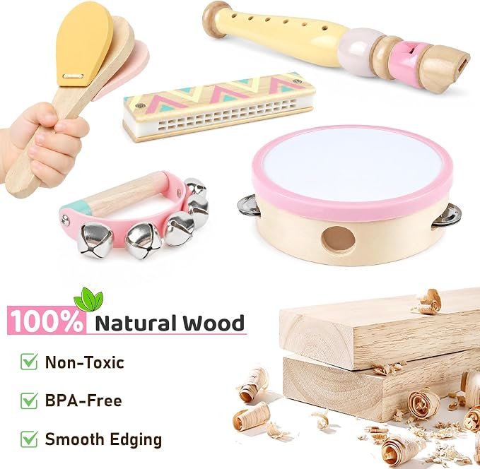 Pink Kids Guitar Set - 8 in 1 Toddler Musical Instruments,Montessori Wooden Ukulele Xylophone Tambourine Maracas Flute,Toy Guitar for Toddler Girl Ages 1-3, Toddler Girl Gifts for 2 Year Old