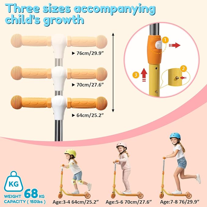 Three Wheel Scooter for Kids 2-5, Light Up Princess Scooters with Handleber-Steer, Adjustable Height Kick Scooters for Boys & Grils, Indoor and Outdoor Use
