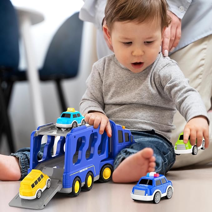 FunMission Toddlers City Truck Toys for Kids 3-9 Year Old，5 in 1 Friction Power Vehicle Car for 3 4 5 6 7 Years Old Boys Girls，Carrier Truck Transport Toys for Christmas and Birthday Gifts