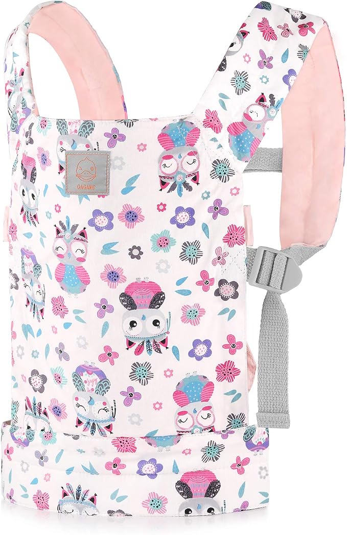 GAGAKU Baby Doll Carrier for Little Girls, Toy Baby Dolls Sling Carrier, Reborn Dolls Accessories for Toddlers Kids – Pink - Owl and Flowers