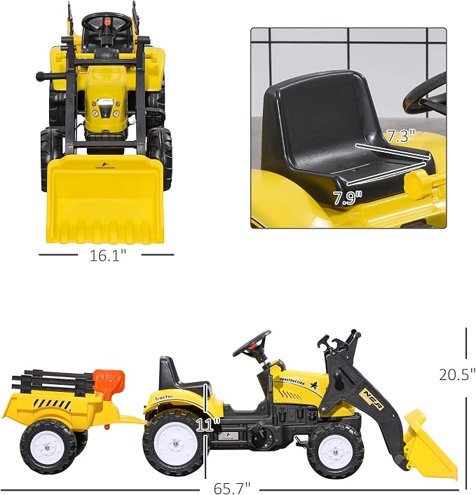 Aosom Kids Ride-On Excavator, Pedal Car Bulldozer, Move Forward/Back with Real Working Dirt Bucket, 6 Wheels, & Cargo Trailer