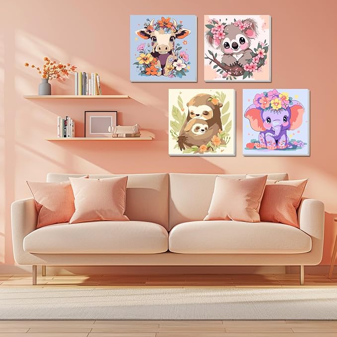 4 Pack Paint by Numbers Kit for Kids Paints by Number Kits Age 4-8 Painting Kits for Kids Ages 8-12 Girls Framed Canvas Paint by Number Animals Drawing Kit Color by Number for Beginners 8x8 Inch