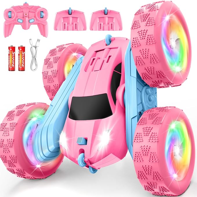 Remote Control Car, RC Cars for Girls, 2.4 GHz Double Sided RC Crawler with Upgraded USB-C Modular Battery, 360°Rotating Car Toys for 6 7 8 9 10 11 12 Year Old Girl Birthday Gift PinkBlue