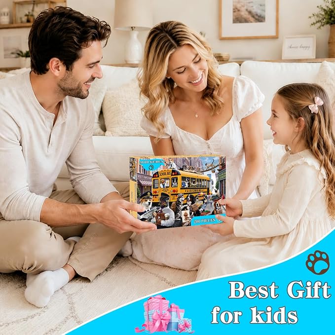 Puzzles for Kids Ages 6-8 8-10 Year Old - Colorful Bus Dog Puzzle, 200 Pieces Jigsaw Puzzles for Kids, Learning Educational Toys for Boys and Girls
