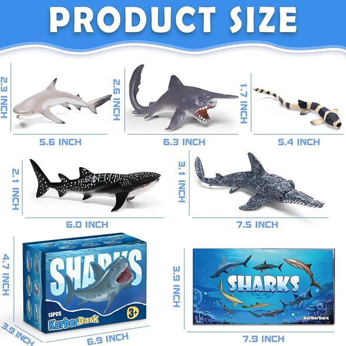 13 Pack Shark Toys Set with Booklet and Gift Box, Realistic Plastic Shark Figurines, Sea Creature Toy for Kid, Shark Party Decoration, Cake Topper, Educational Ocean Animals for Toddlers, Boys Girls