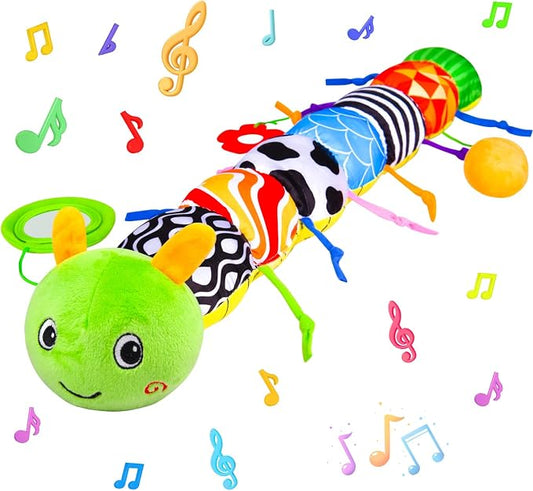 Baby Toys 0-6 6-12 Months, Stuffed Animal Infant Tummy Time Toys Sensory Toys with Crinkle, Rattles, Textures and Mirror Gifts for Newborn Boy Girls Toddlers, Caterpillar Musical Toy (Green)