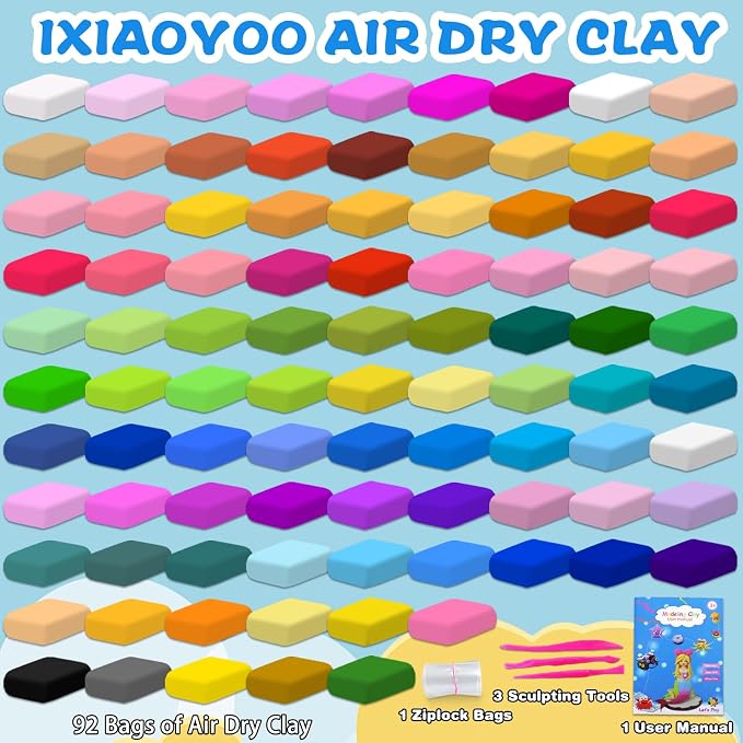 Ixiaoyoo Air Dry Clay for Kids, 92 Colors Modeling Magic Clay, DIY Model Arts & Crafts Kit with Sculpting Tools, Soft & Safe & Non-Toxic, School Projects, Birthday Toy Gifts for Boys & Girls Aged 3–12