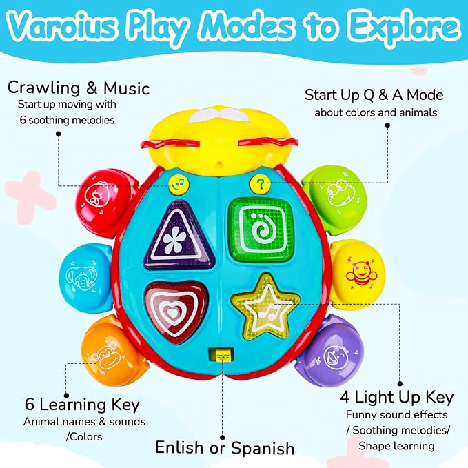 Baby Crawling Toys 6-12 Months, Musical Light Up Tummy Time Toy for Infant 0-6 7 8 9 10 Month Old, Toddler Spanish English Bilingual Learning Educational Development Gift 1 2 Year Old Boys Girls