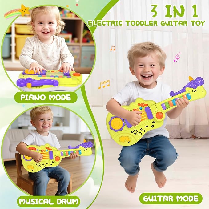 M SANMERSEN 3-in-1 Toddler Guitar Toys for Kids with Piano Drum, Electric Musical Toy with Strap Light Up 3 4 5 Year Old Boys Girls Gifts