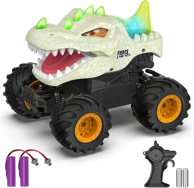 Dinosaur Remote Control Car 2.4GHz RC Monster Truck 1:24 Scale RC Car with LED Lights & Movable Mouth, Rechargeable Dinosaur Toys Birthday Gift for Boys 6-12, Orange