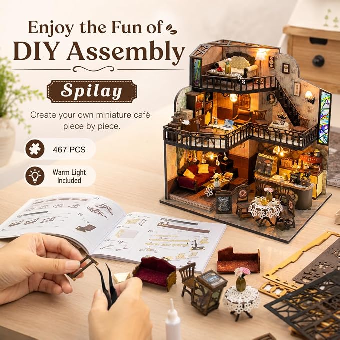 Spilay DIY Miniature House Kit for Adults, Miniature Dollhouse Building Kit | With Warm Light, Music Box & Dustproof Cover, Creative DIY Craft for Bookshelf Decor, Room Decoration & Gift Giving
