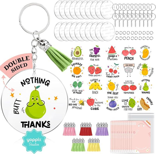 YOPPIX 140 PCS Acrylic Keychain Blank Set, Fruit Double-Sided UV DTF Stickers Acrylic Keychain Making Kits for Vinyl DIY Craft Project
