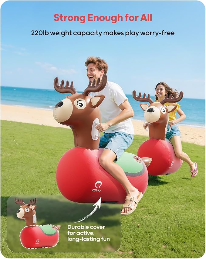 QPAU Large Inflatable Reindeer Hopper Bouncy Toy, 250lbs High Capacity Ride-on Animal for Kids & Adults, Soft Fabric Cover & Pump, Durable Puncture-Resistant Bouncer for Family Party Gift