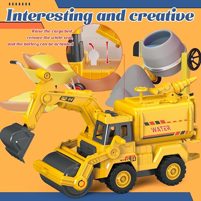 3-in-1 Construction Truck Toy, Excavator & Road Roller Combo with Water Spray Function, Inertia-Powered Push-and-Go, Working Digger Arm & Rolling Drum, Outdoor Sandbox Vehicle for Boys Girls Age 3+