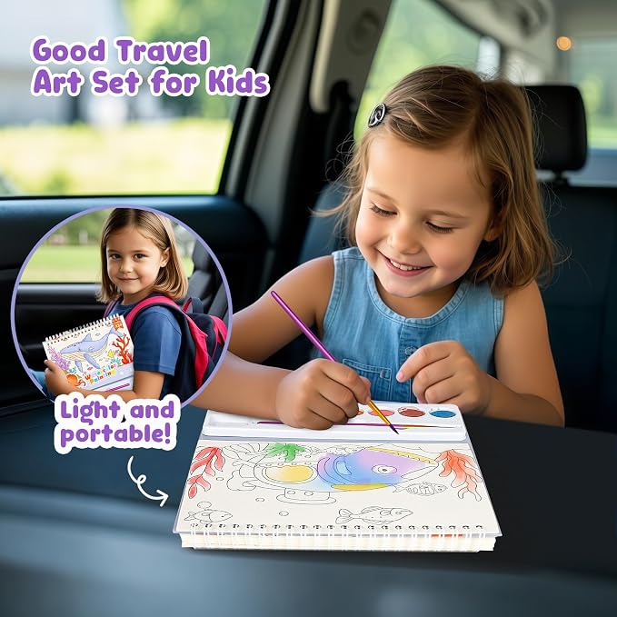 Watercolor Painting Coloring Books, Paint with Water Arts & Crafts Kit for Kids, Travel Activities Art Supplies Party Favors Exchange Birthday Gifts for Boys Girls, Spiral-Bound (Marine)
