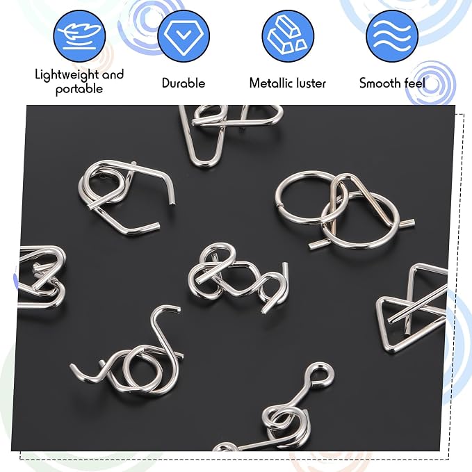 Metal Wire Puzzle Set of 8 with Pouch, Brain Teaser Puzzles IQ Test Ring Disentanglement Unlock Interlock Game Trick Metal for Party Favor Challenge(C Style)