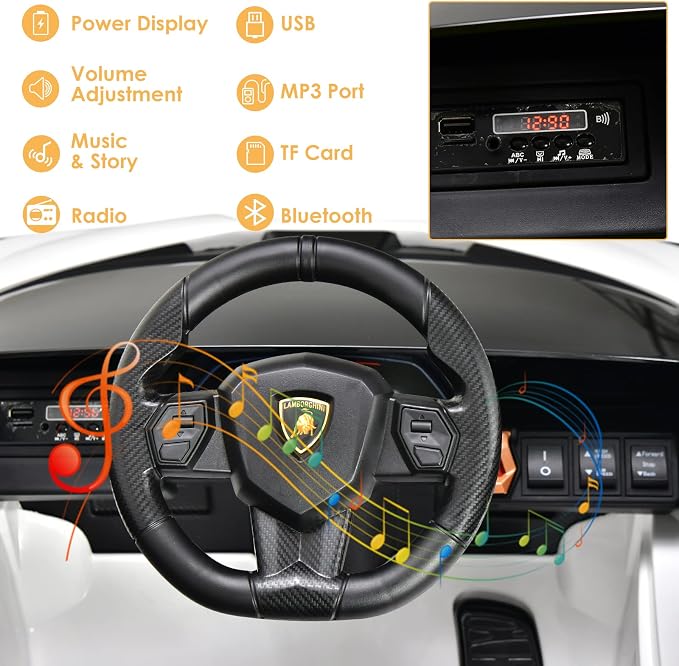 OLAKIDS Kids 12V Licensed Lamborghini SIAN Ride On Car, Electric Vehicle for Toddler with Control Remote, Battery Powered Toy with Music, Horn, 2 Speeds, Suspension, LED Lights, Bluetooth, USB (White)
