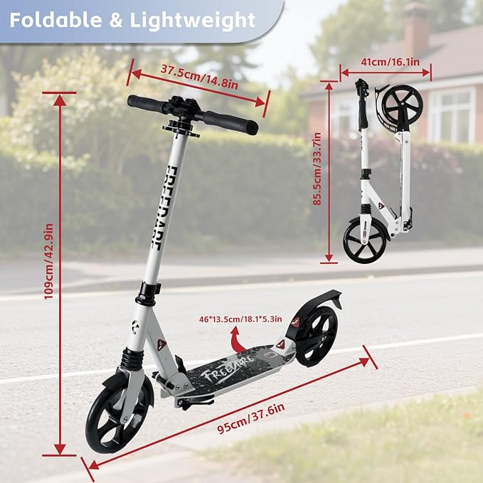 FREEDARE Kick Scooter for Kids & Adults Ages 8+, Foldable Teen Scooter with 2 Big 8-inch Wheels and 4-Level Adjustable Handlebar, Max Load 220 LBS