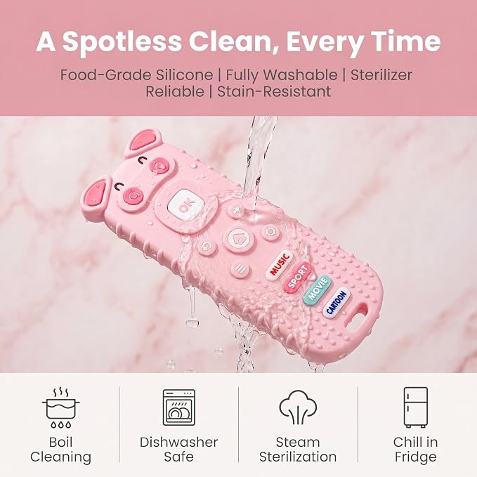 SOLIFEGOBLE Pig-Shaped Remote Teether for Babies 3-18M, Silicone TV Remote Teething Toy, BPA-Free Soft Chew Toy, Teething Relief for Infants Boys Girls (Pink)