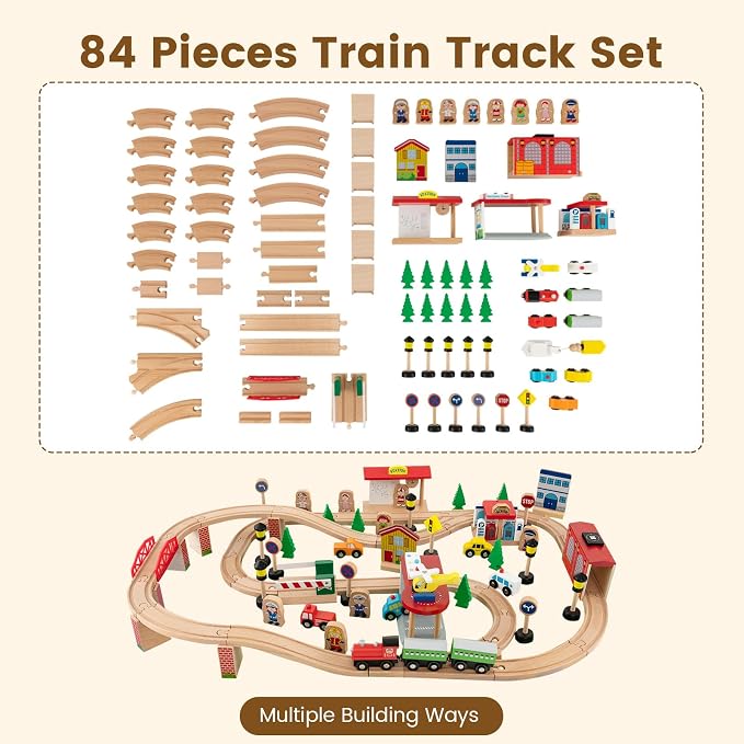 Costzon Train Table, 3-in-1 Wooden Train Set Table w/Reversible 84 PCS Track Train Toys, Table Map & Storage Drawer for Building, Playing, Studying, Kids Activity Table for Toddlers Aged 18 M+