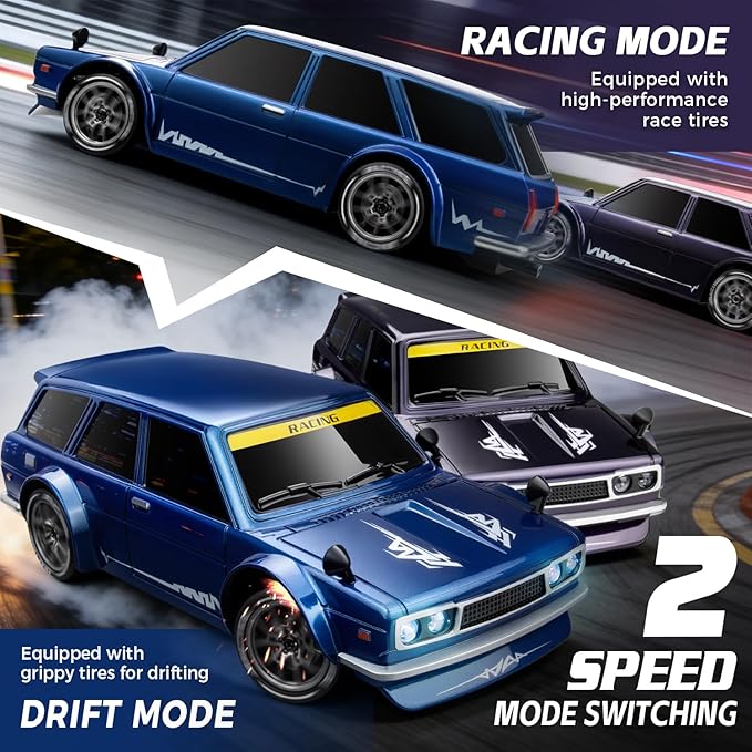 RC Drift Car, 1/24 Remote Control Drift Car for Adults Kids, 20KM/H 4WD Low/High Speed RC Cars with LED Lights, Extra Drifting Tires, Vehicle for Boys Girls Beginners Indoors Outdoors Blue