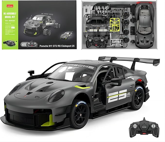 RASTAR Build Your Own RC Car Porsche 911 GT2 RS Clubsport 25 Kit, 99600 | Officially Licensed, Ideal Gift, 76PCs 1/18 RC Model Car Building Kit with Remote, DIY Decals, Openable Doors & Working Light